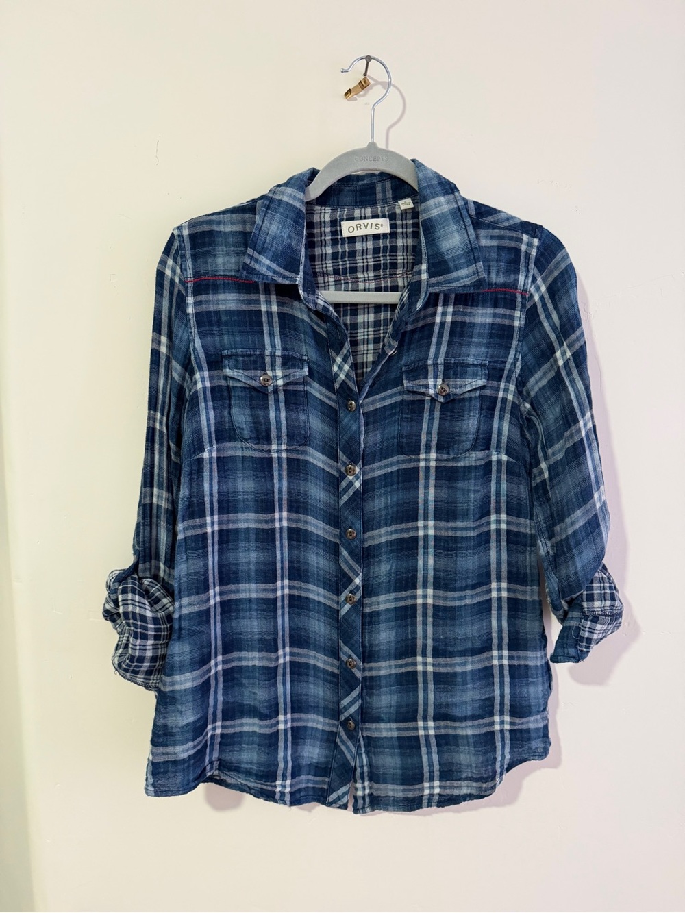 Orvis Navy and White Plaid Button-Down Shirt
